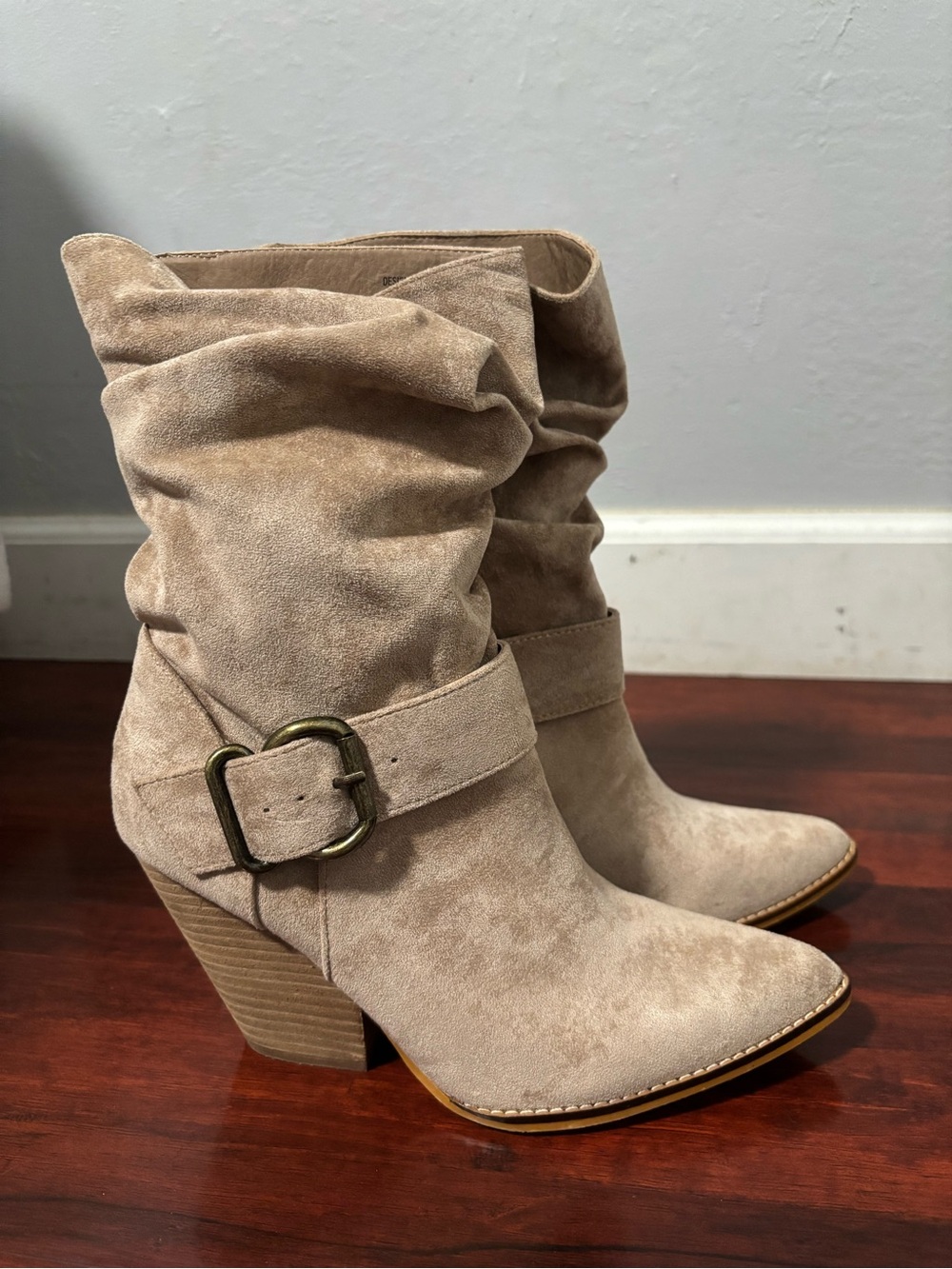 Taupe Slouchy Suede Ankle Boots with Buckle
